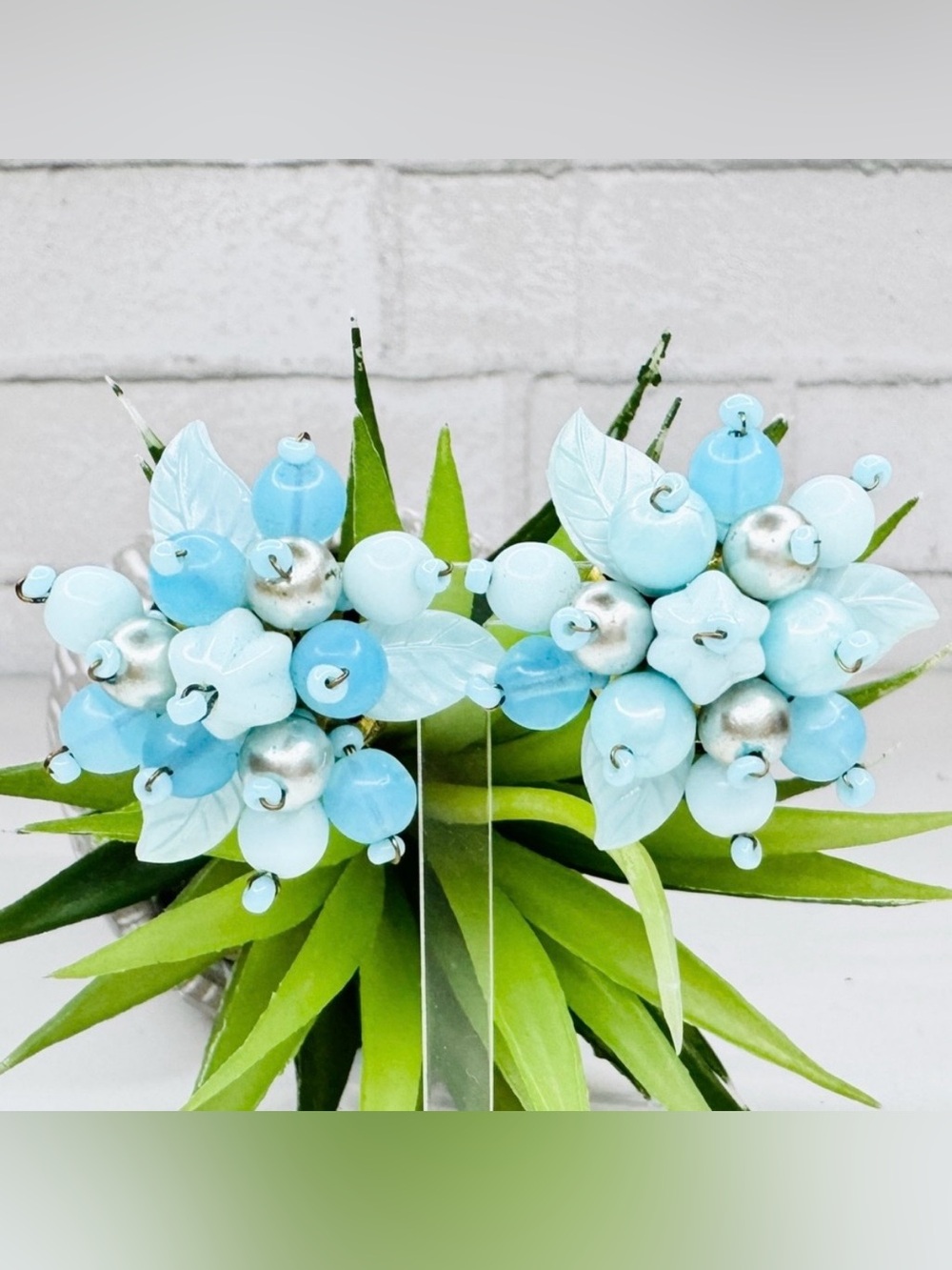 Vintage 50s West Germany Retro Pastel Sky Blue Glass Cluster Clip Earrings